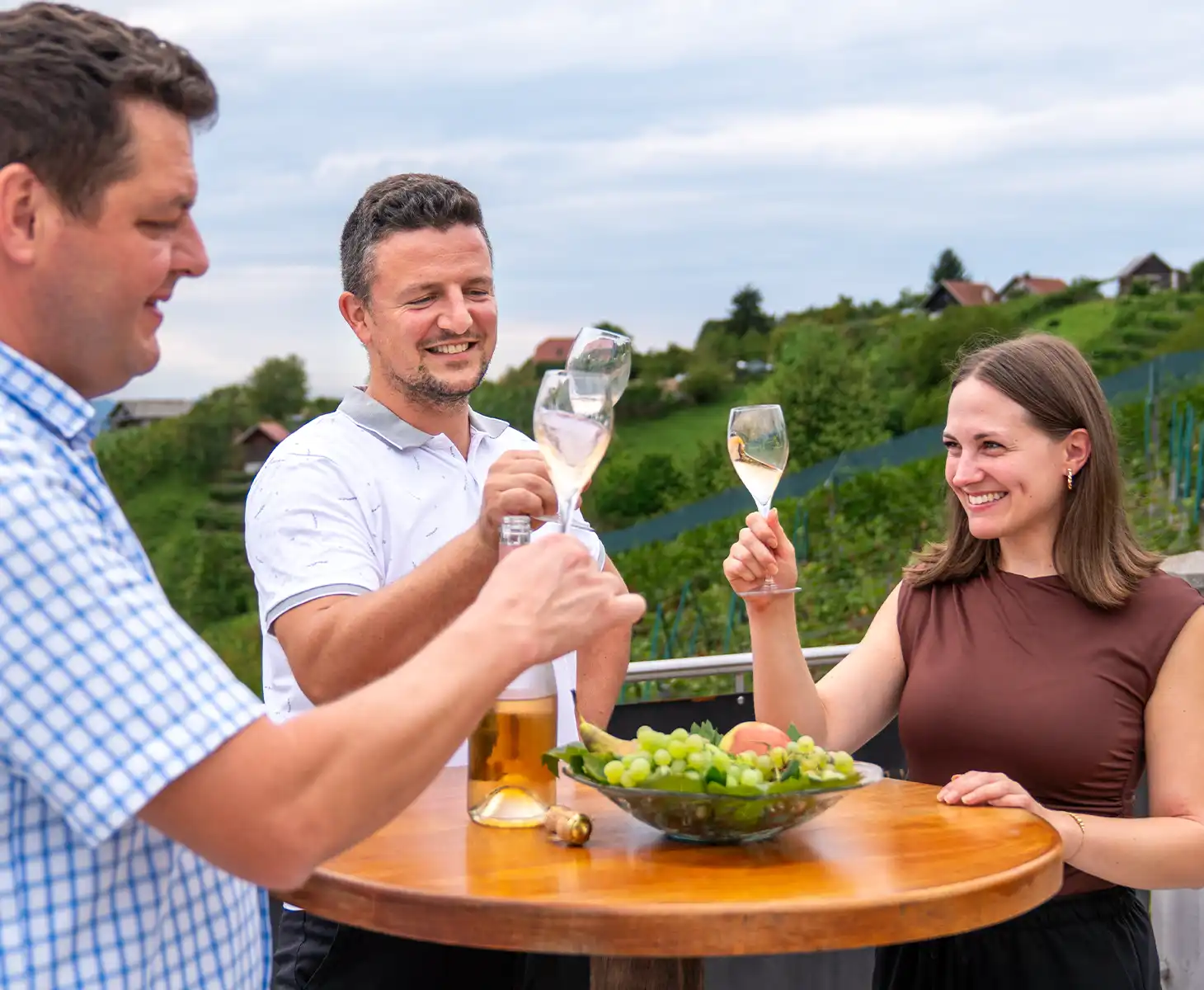 Nazdravljanje ob degustaciji na terasi z razgledom na vinograde